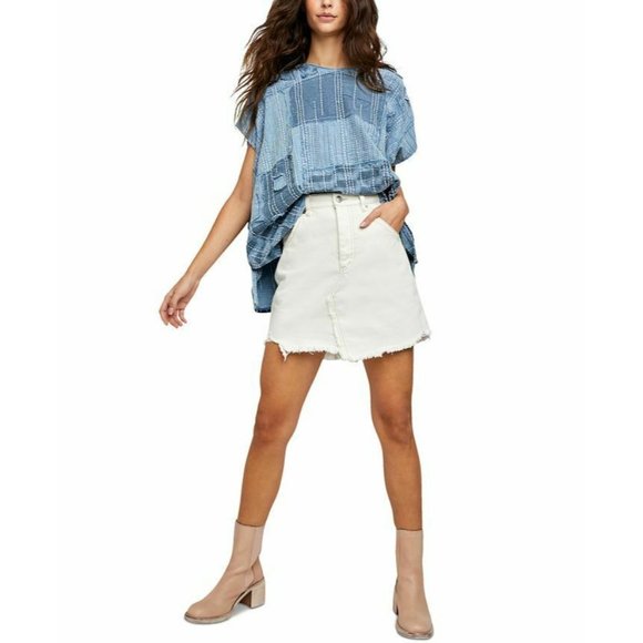 Free People Dresses & Skirts - Free People We The Free Brea Distressed Denim Skirt Frayed Hem Deco White 31 Nwt